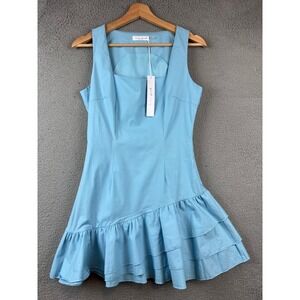 New Baby Pink Square Neck Cutout Ruffle Hem Dress Light Blue S